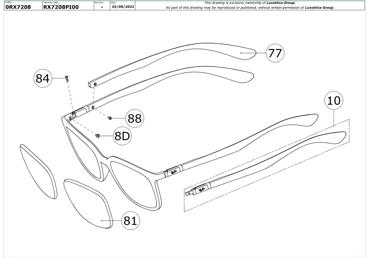 Enlarged technical drawing of the Ray-Ban RX7208 Glasses Replacement Parts