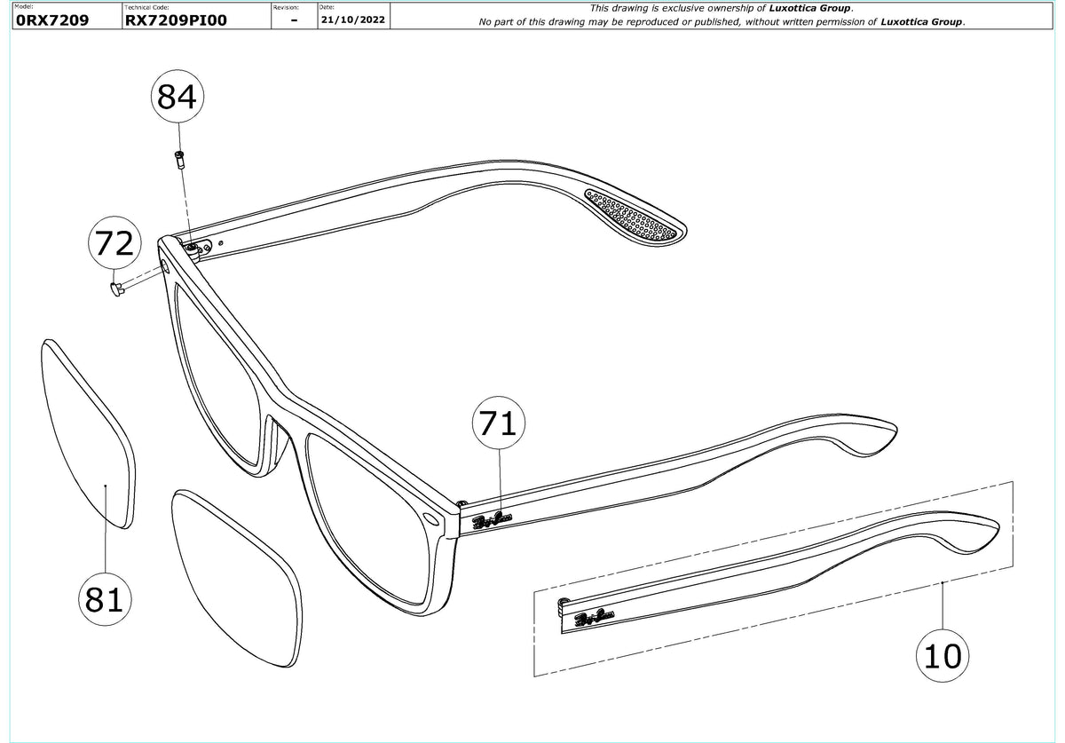 Exploded technical drawing of the Ray-Ban RX7209 Glasses Replacement Parts, with each replacement part numbered