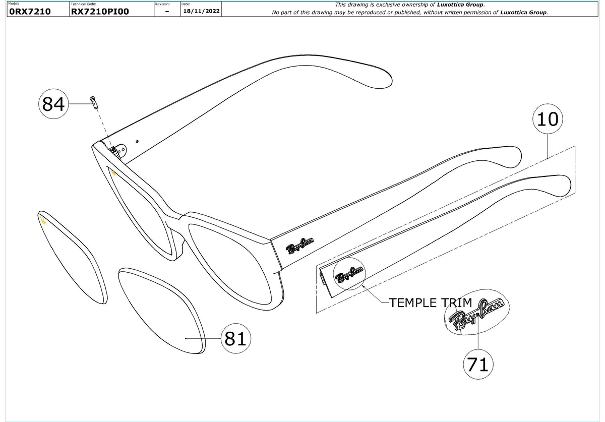 Enlarged technical drawing of the Ray-Ban RX7210 Glasses Replacement Parts