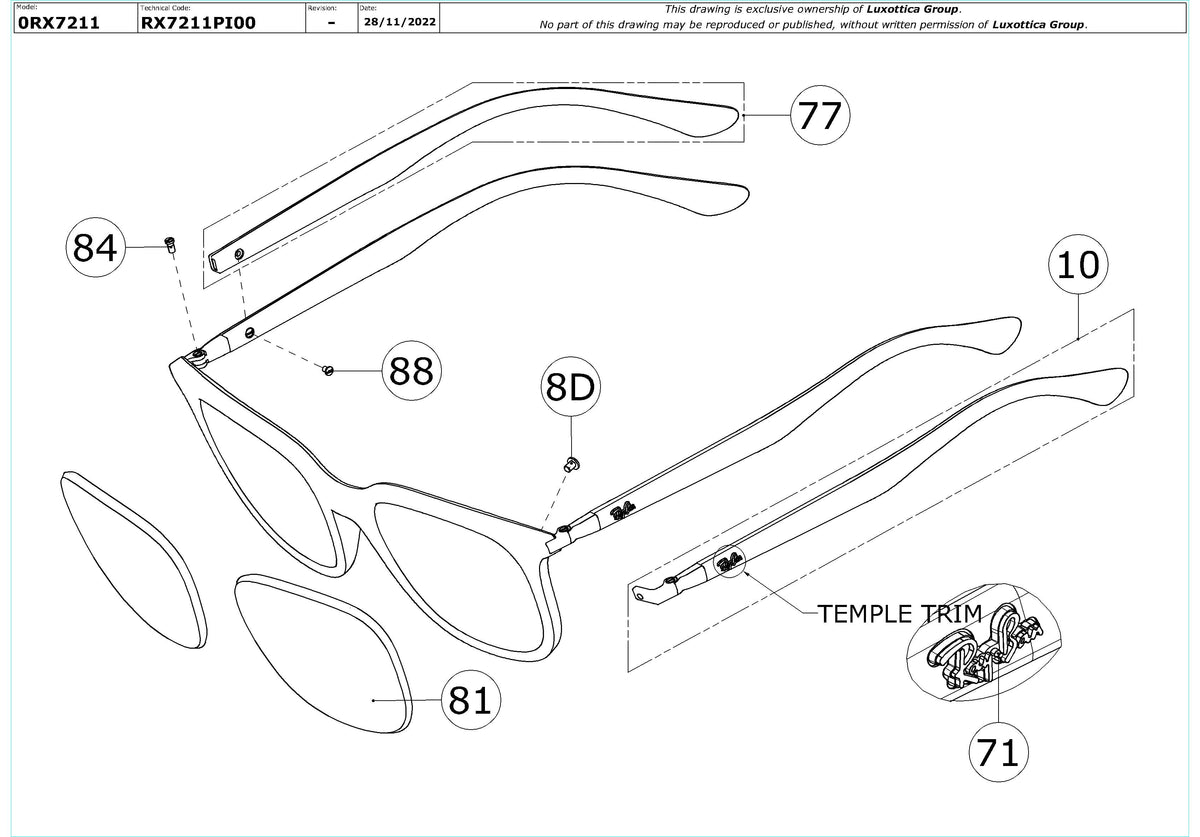 Exploded technical drawing of the Ray-Ban RX7211 Glasses Replacement Parts, with each replacement part numbered