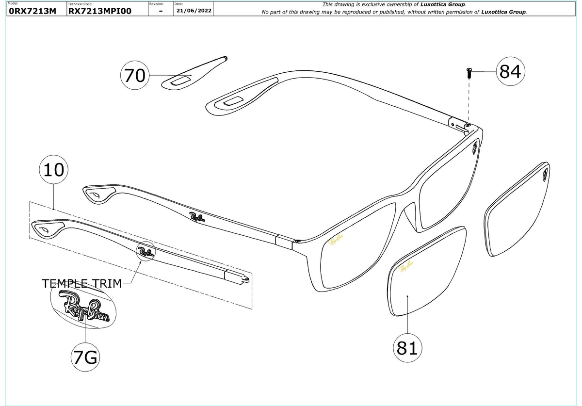 Exploded technical drawing of the Ray-Ban RX7213M Glasses Replacement Parts, with each replacement part numbered