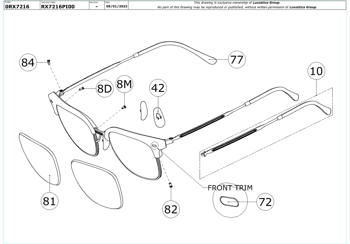 Exploded technical drawing of the Ray-Ban New Clubmaster RX7216 Glasses Replacement Parts, with each replacement part numbered