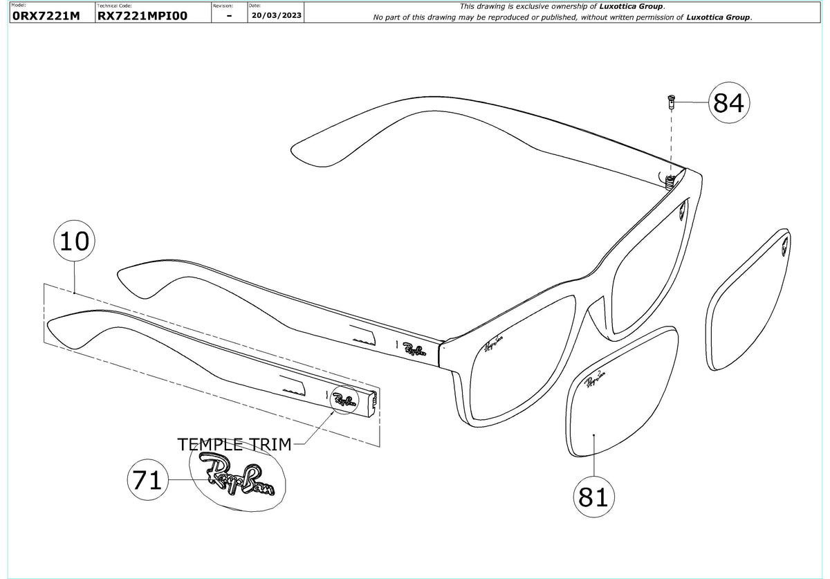 Exploded technical drawing of the Ray-Ban RX7221M Glasses Replacement Parts, with each replacement part numbered
