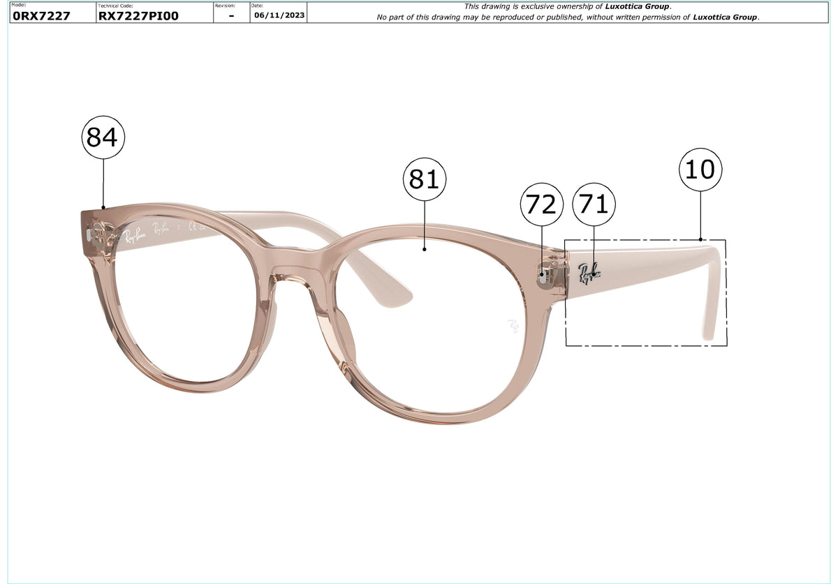 Enlarged technical drawing of the Ray-Ban RX7227 Glasses Replacement Parts