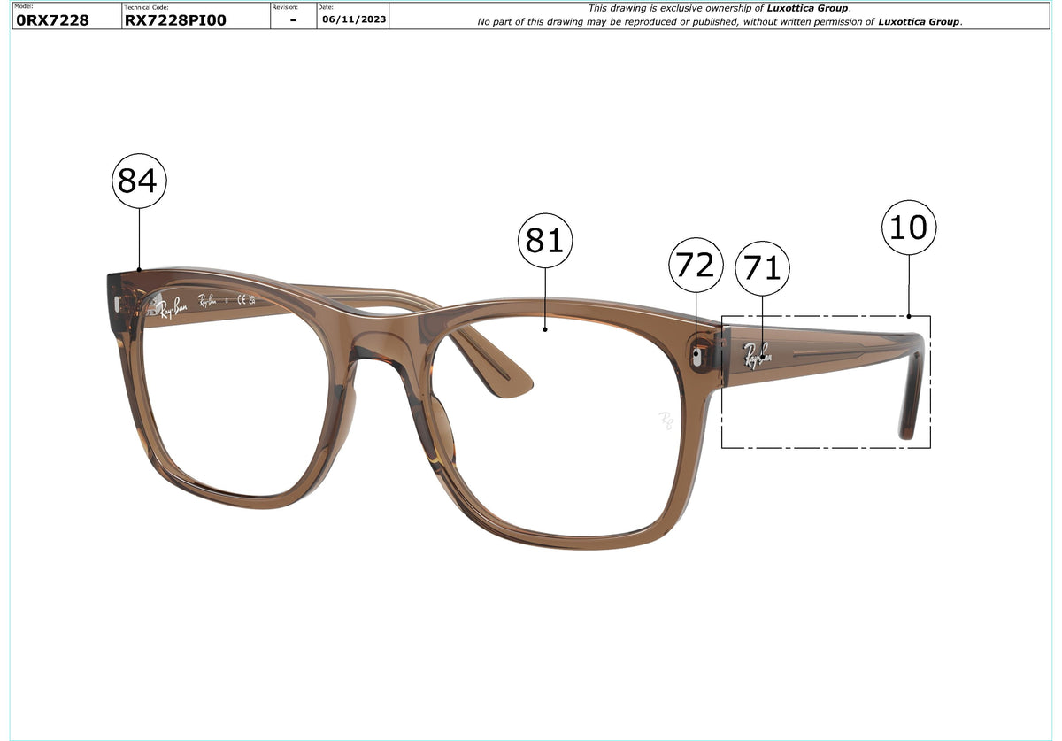 Exploded technical drawing of the Ray-Ban RX7228 Glasses Replacement Parts, with each replacement part numbered