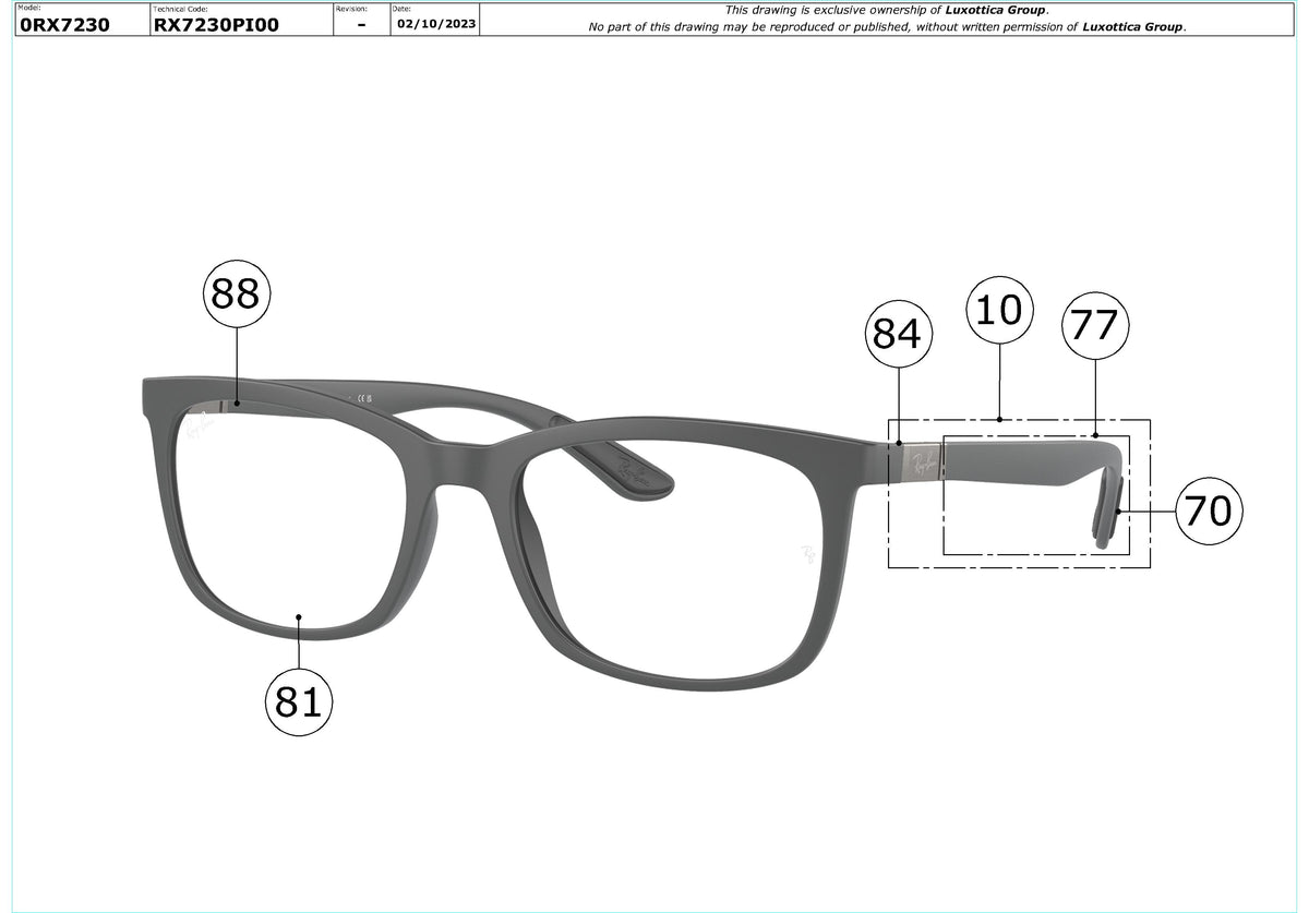 Enlarged technical drawing of the Ray-Ban RX7230 Glasses Replacement Parts