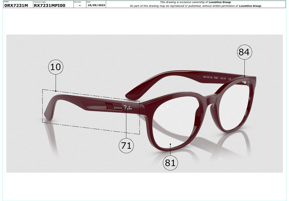 Exploded technical drawing of the Ray-Ban RX7231M Glasses Replacement Parts, with each replacement part numbered