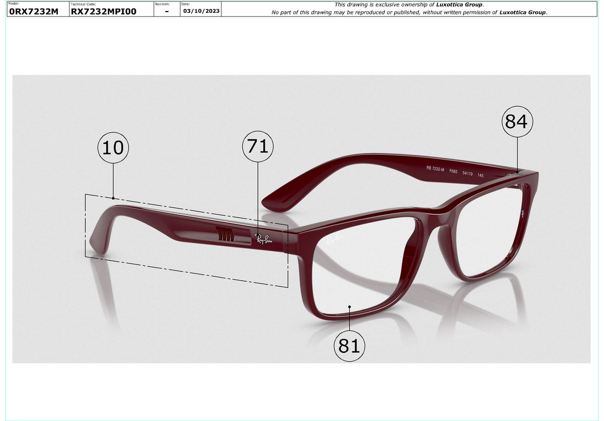Enlarged technical drawing of the Ray-Ban RX7232M Glasses Replacement Parts