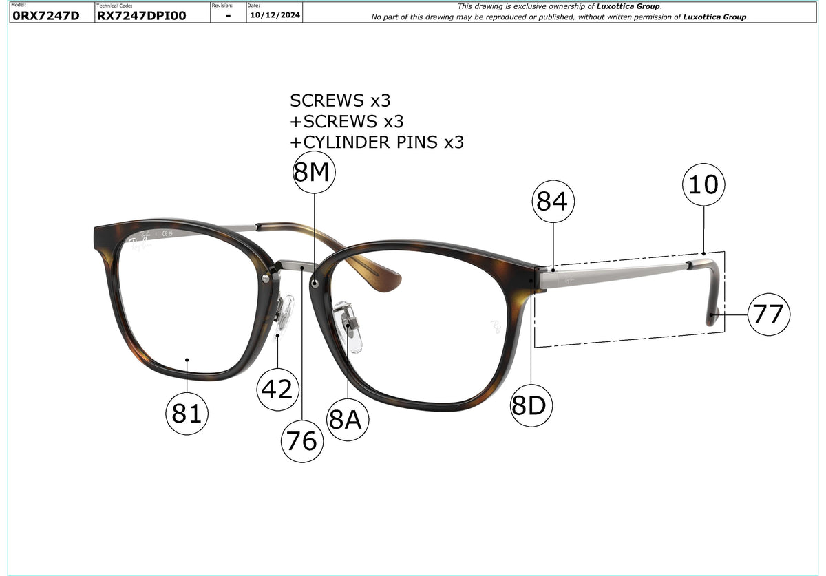 Enlarged technical drawing of the Ray-Ban RX7247D Glasses Replacement Parts