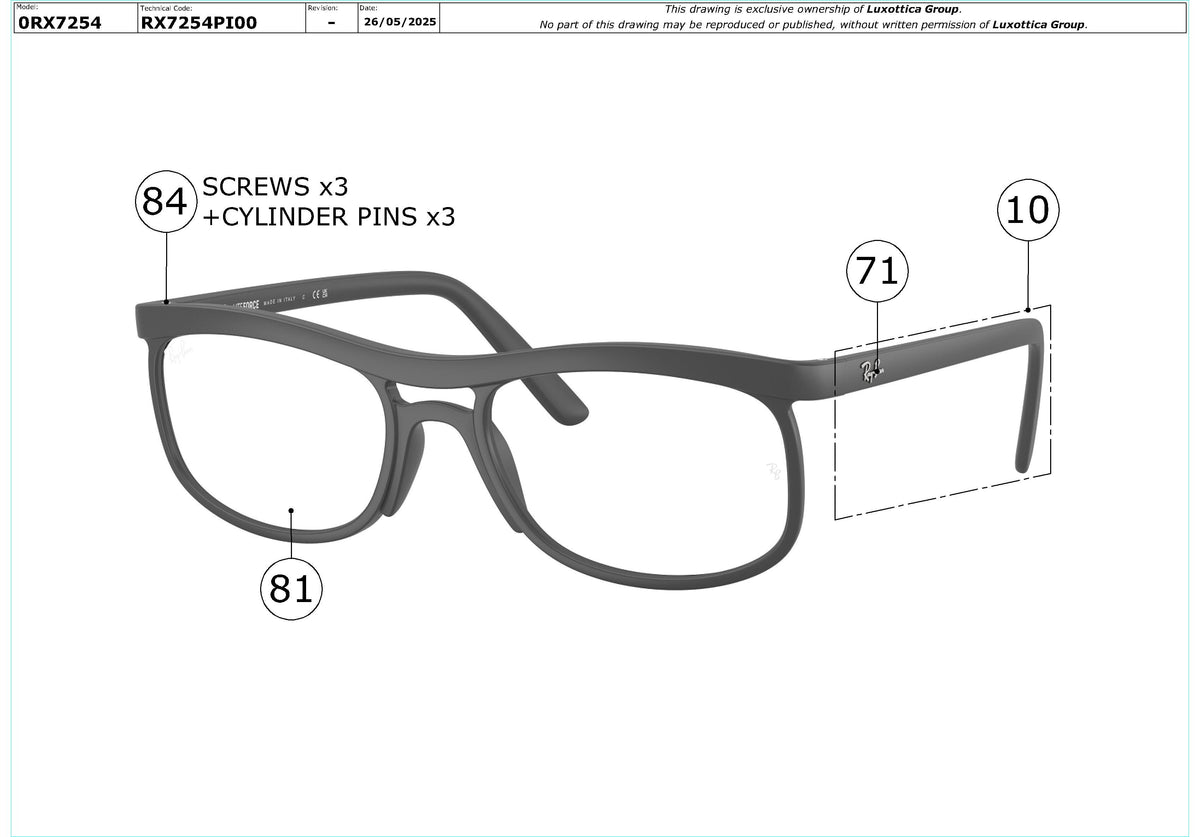 Exploded technical drawing of the Ray-Ban RX7254 Glasses Replacement Parts, with each replacement part numbered