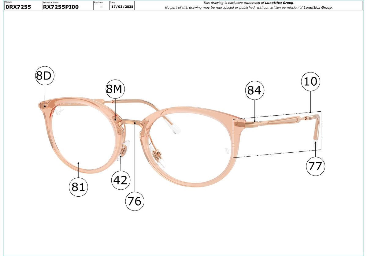 Enlarged technical drawing of the Ray-Ban RX7255 Glasses Replacement Parts