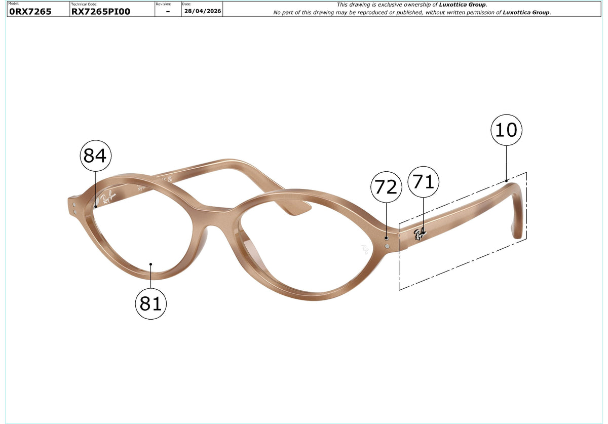 Enlarged technical drawing of the Ray-Ban RX7265 Glasses Replacement Parts