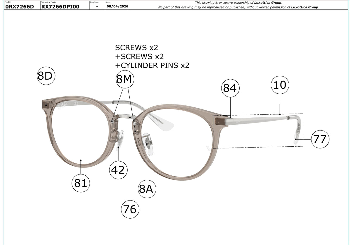 Enlarged technical drawing of the Ray-Ban RX7266D Glasses Replacement Parts