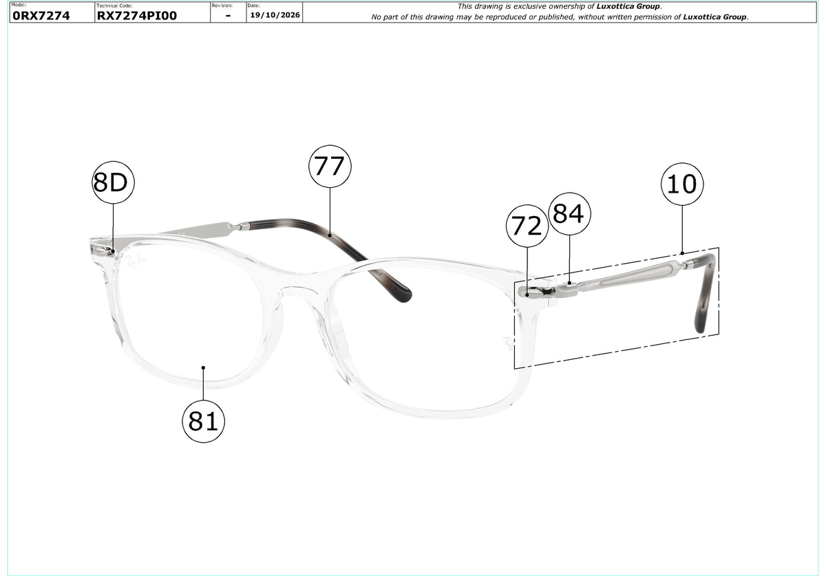 Exploded technical drawing of the Ray-Ban RX7274 Glasses Replacement Parts, with each replacement part numbered
