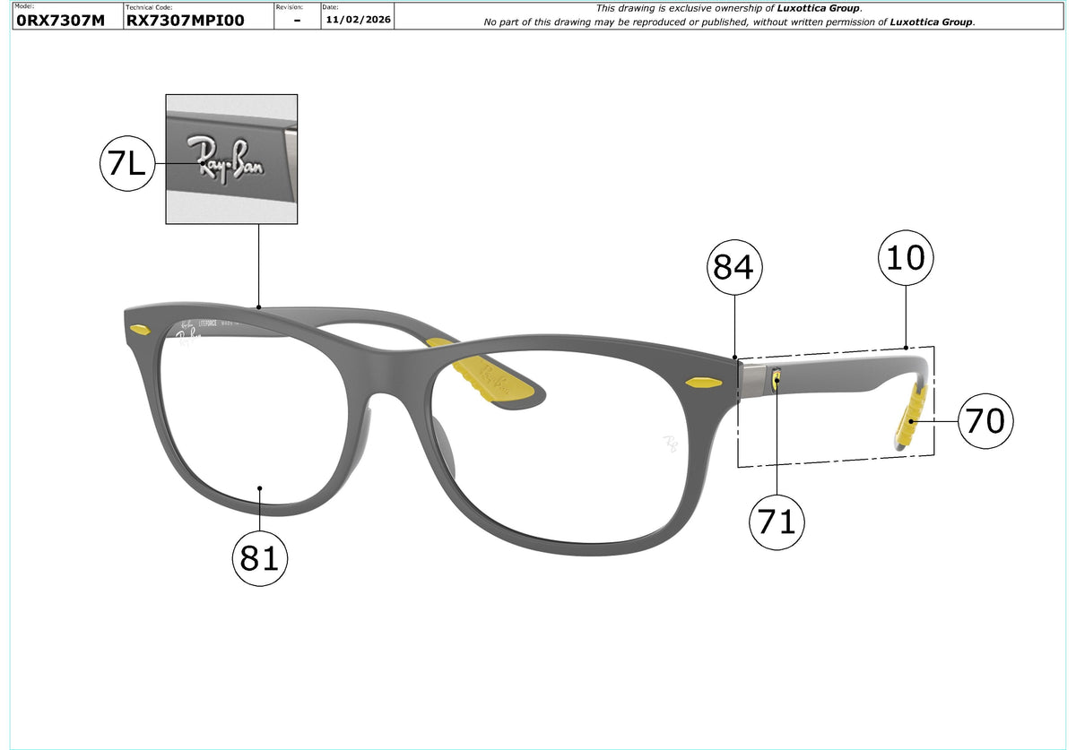 Enlarged technical drawing of the Ray-Ban RX7307M Glasses Replacement Parts
