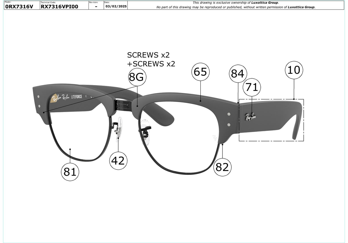 Enlarged technical drawing of the Ray-Ban RX7316V Glasses Replacement Parts