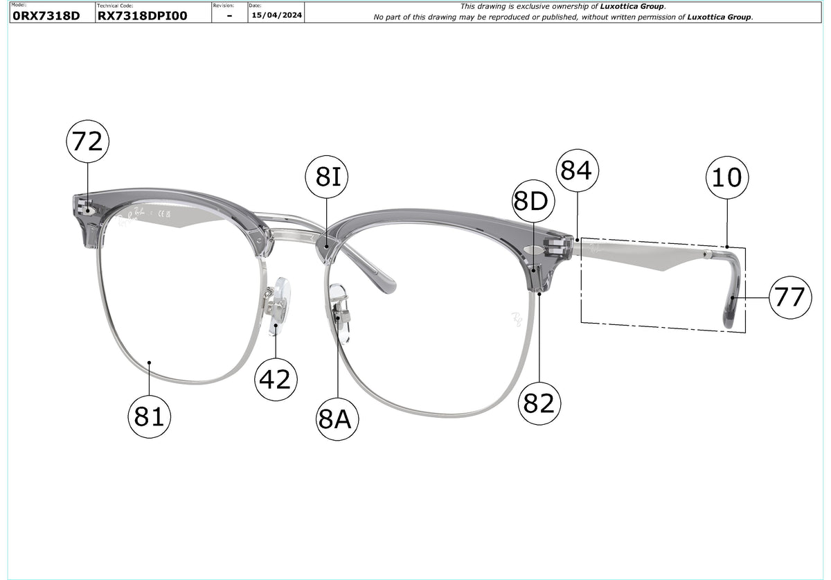 Enlarged technical drawing of the Ray-Ban RX7318D Glasses Replacement Parts