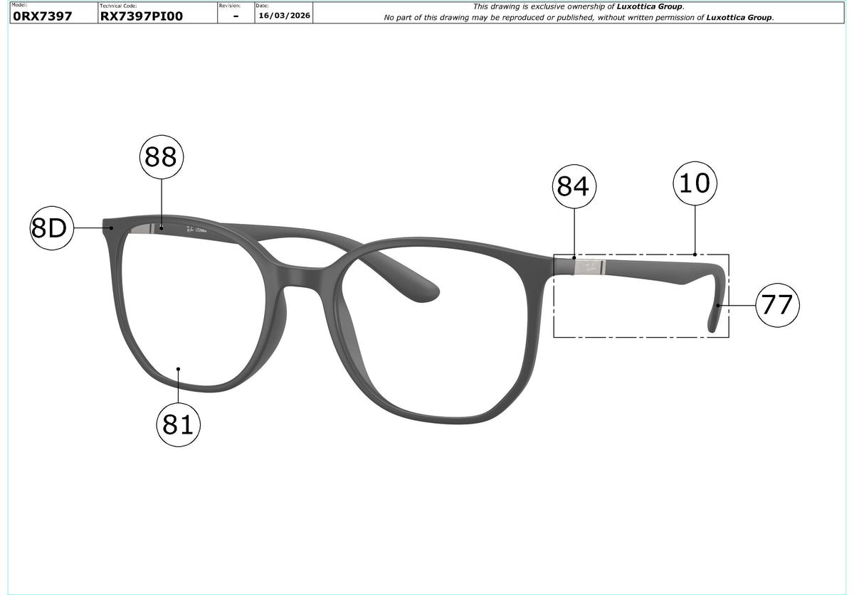 Exploded technical drawing of the Ray-Ban RX7397 Glasses Replacement Parts, with each replacement part numbered