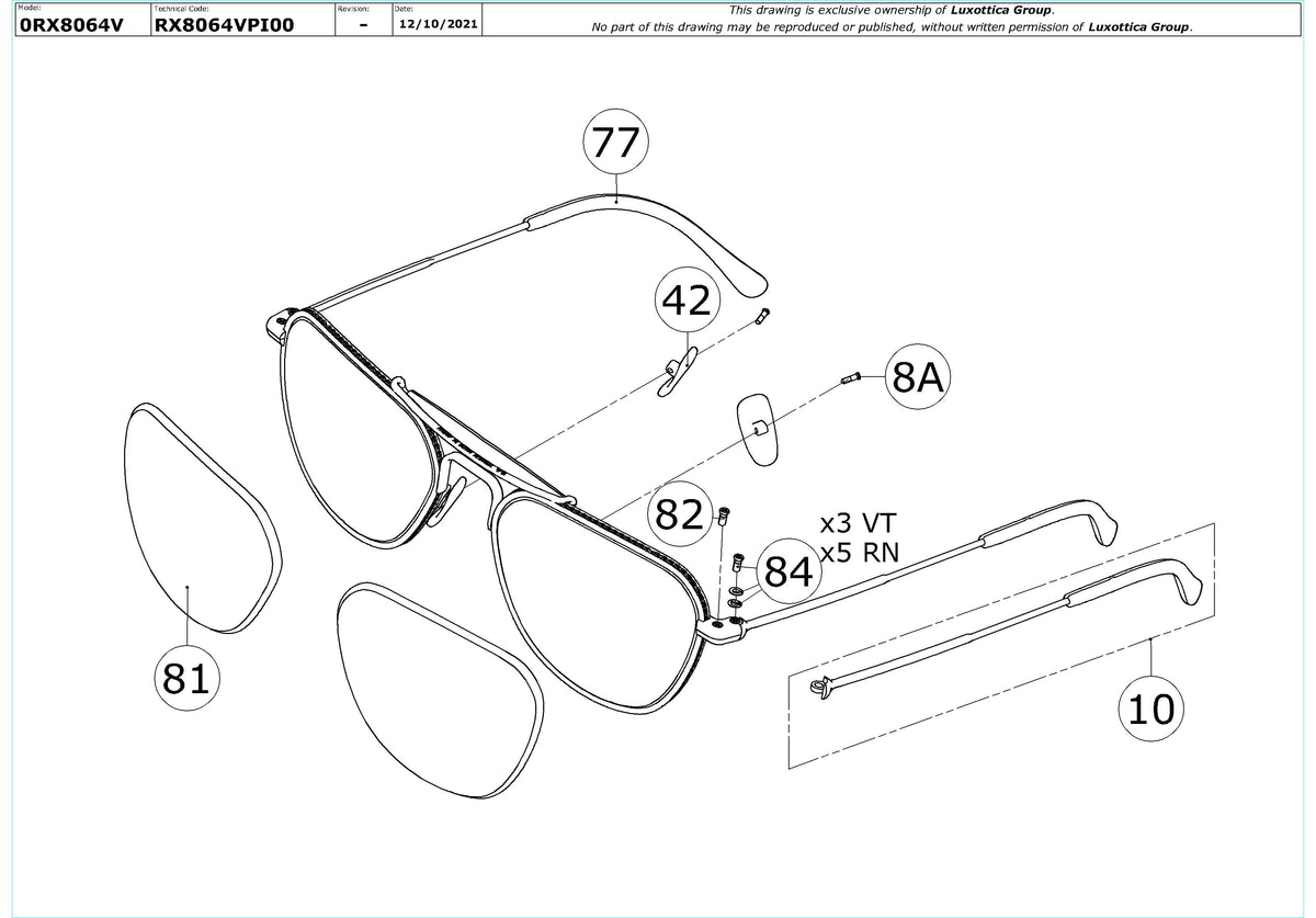 Enlarged technical drawing of the Ray-Ban RX8064V Glasses Replacement Parts