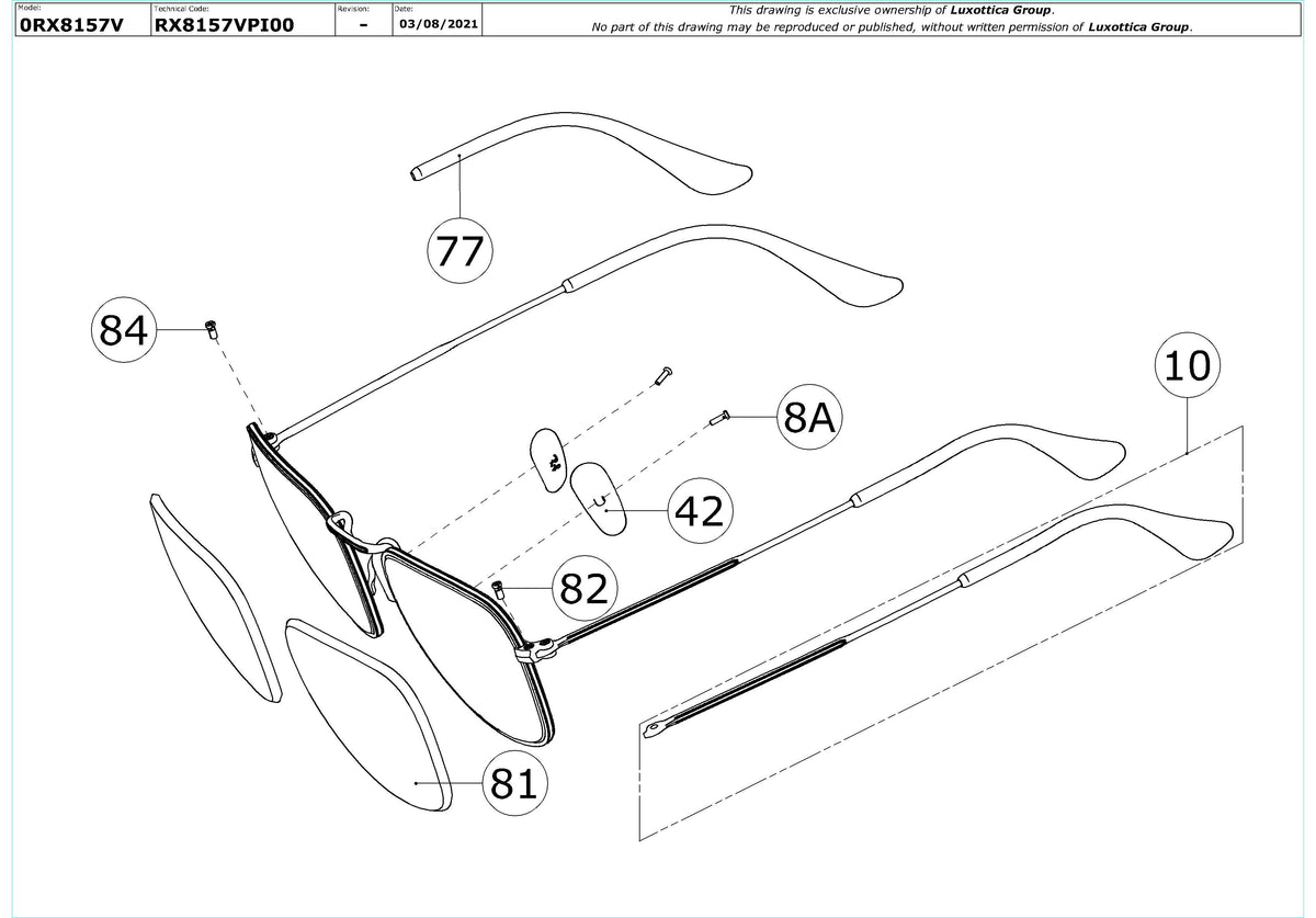 Enlarged technical drawing of the Ray-Ban Frank RX8157V Glasses Replacement Parts