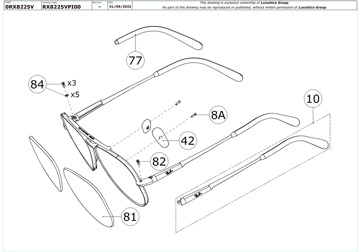 Enlarged technical drawing of the Ray-Ban Aviator Titanium RX8225V Glasses Replacement Parts