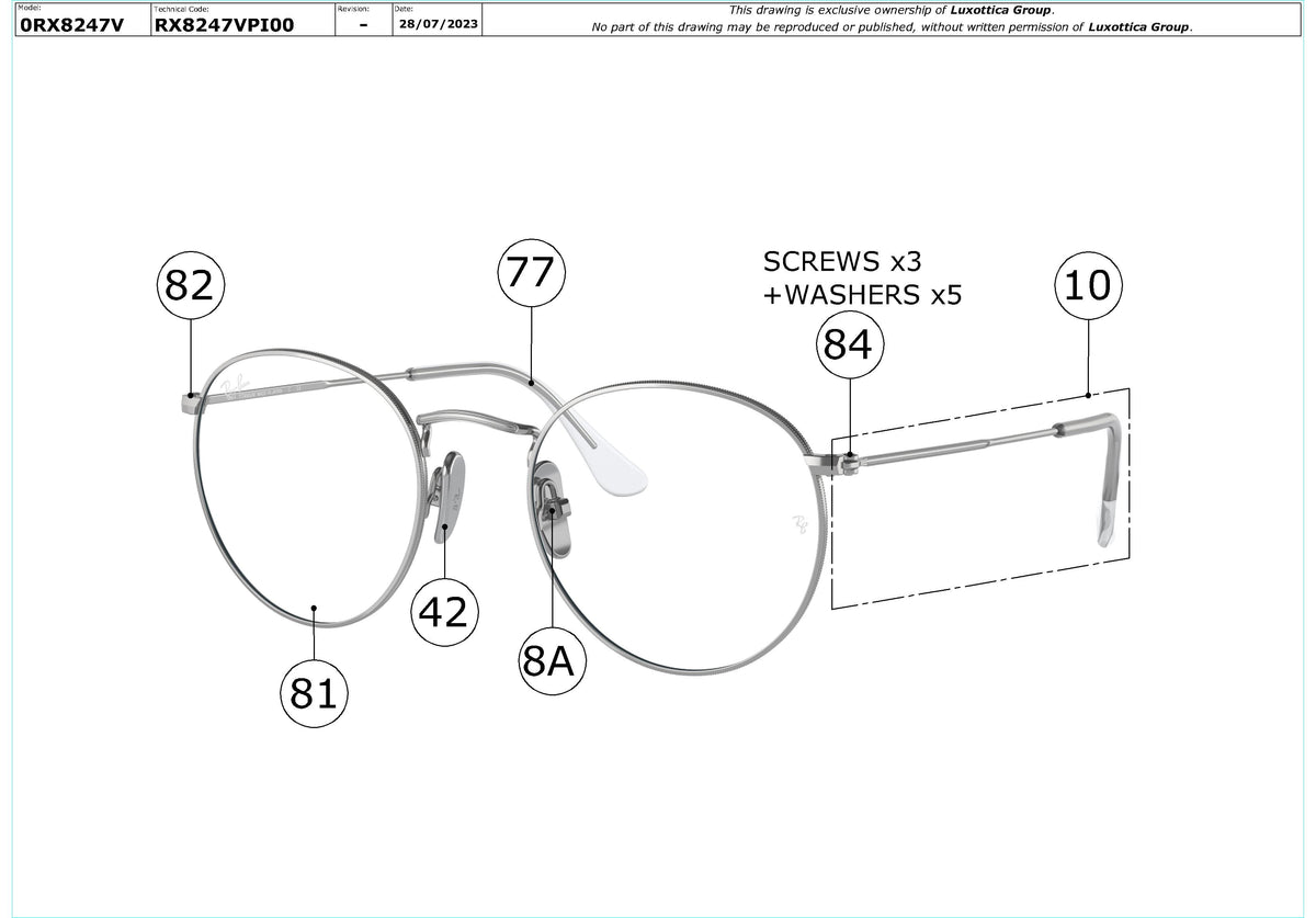 Enlarged technical drawing of the Ray-Ban Round RX8247V Glasses Replacement Parts