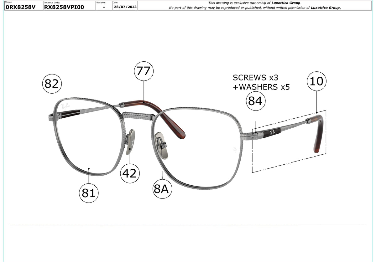 Enlarged technical drawing of the Ray-Ban Frank Titanium RX8258V Glasses Replacement Parts
