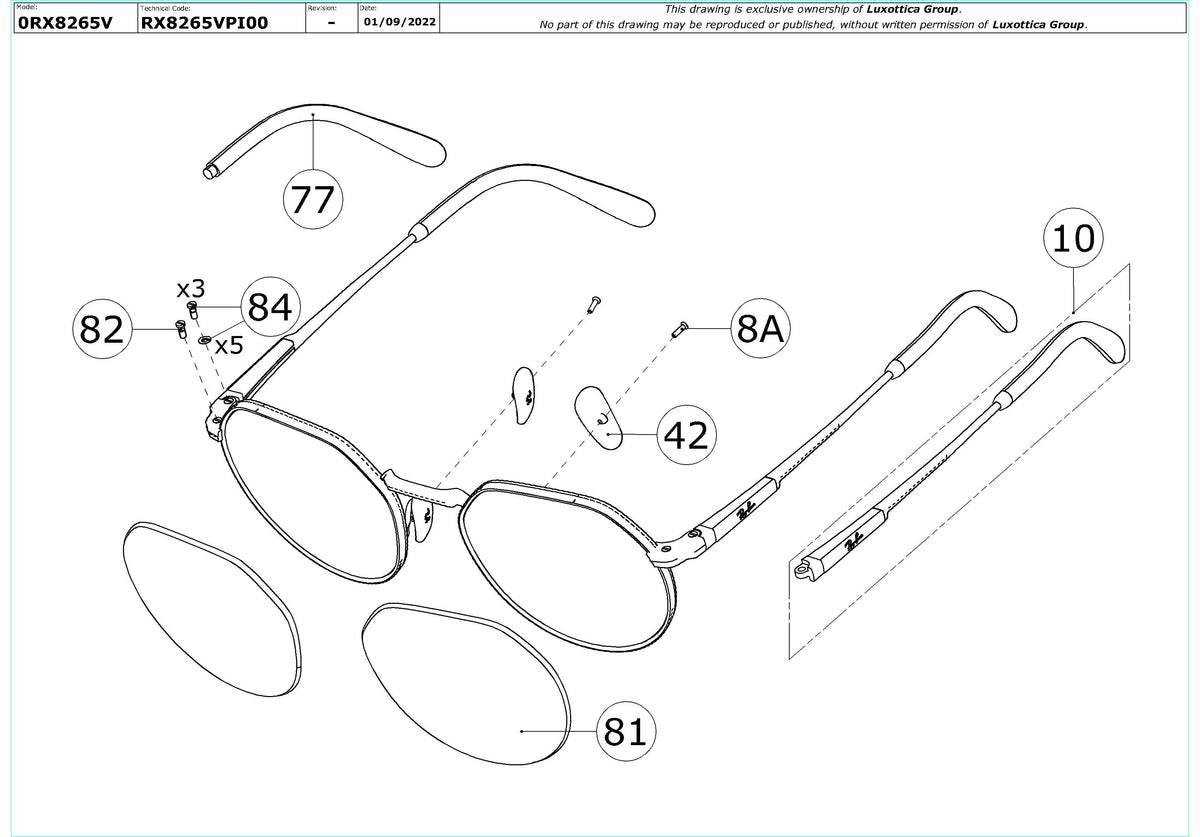 Enlarged technical drawing of the Ray-Ban Jack Titanium RX8265V Glasses Replacement Parts