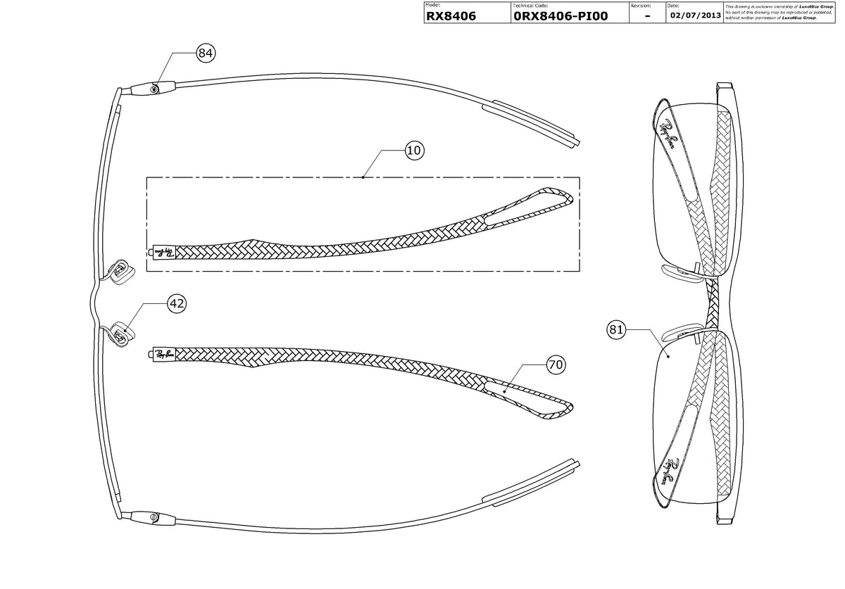Enlarged technical drawing of the Ray-Ban RX8406 Glasses Replacement Parts