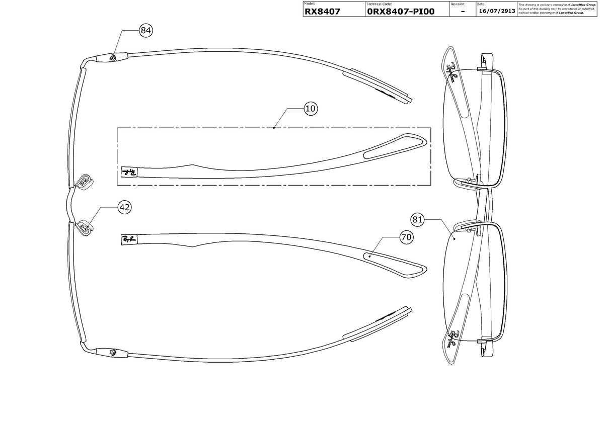 Exploded technical drawing of the Ray-Ban RX8407 Glasses Replacement Parts, with each replacement part numbered