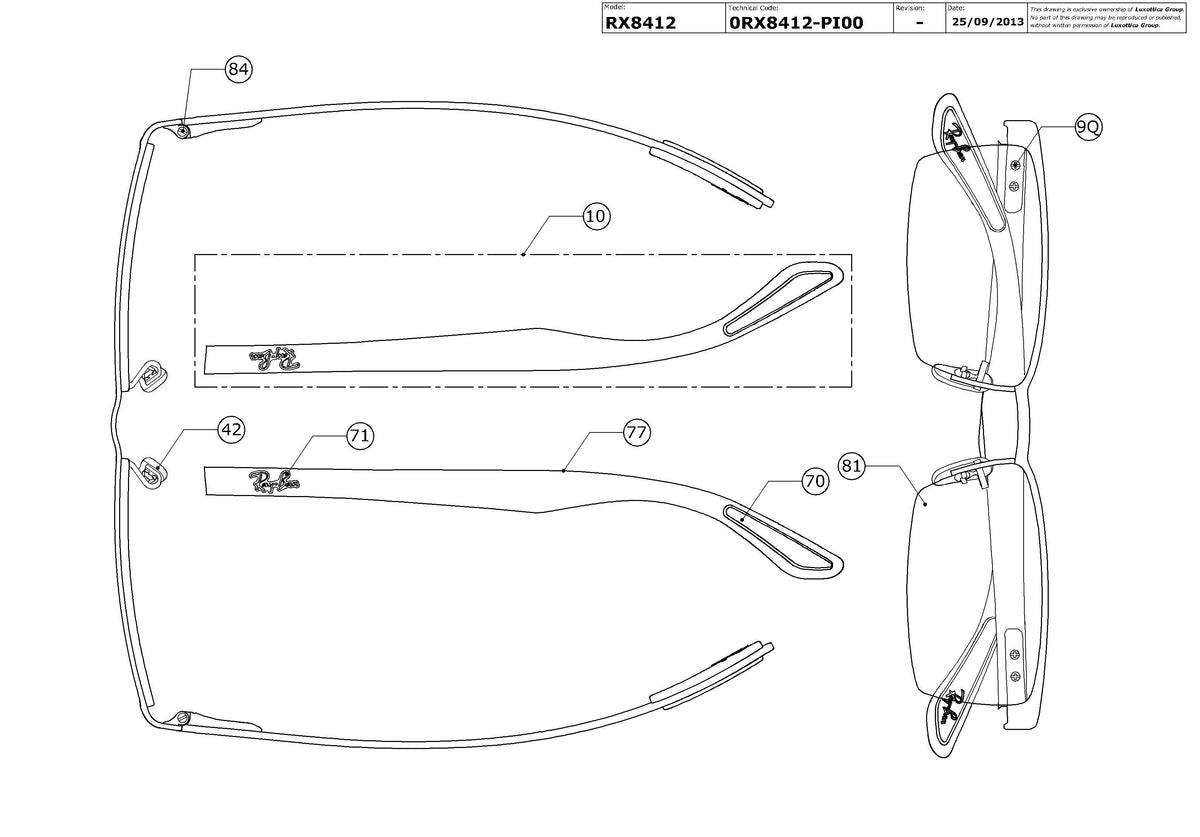 Enlarged technical drawing of the Ray-Ban RX8412 Glasses Replacement Parts