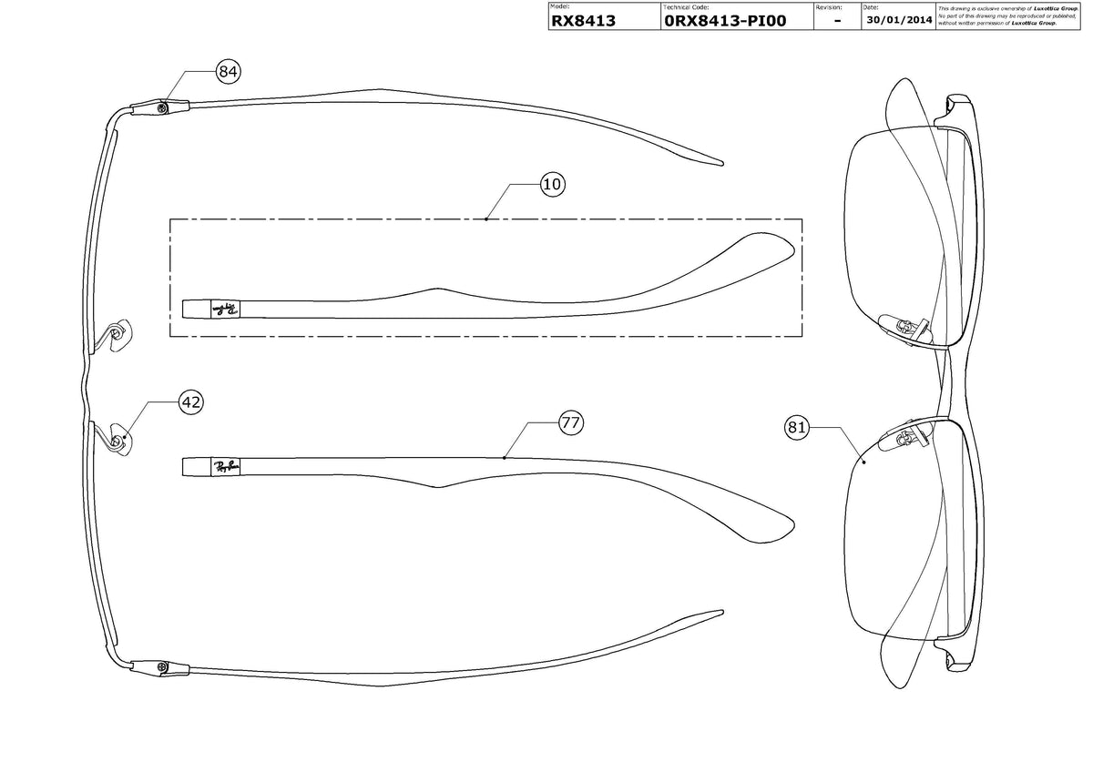 Enlarged technical drawing of the Ray-Ban RX8413 Glasses Replacement Parts