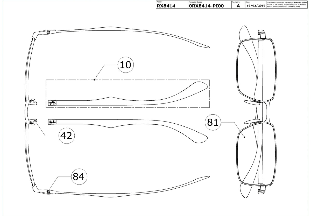 Enlarged technical drawing of the Ray-Ban RX8414 Glasses Replacement Parts