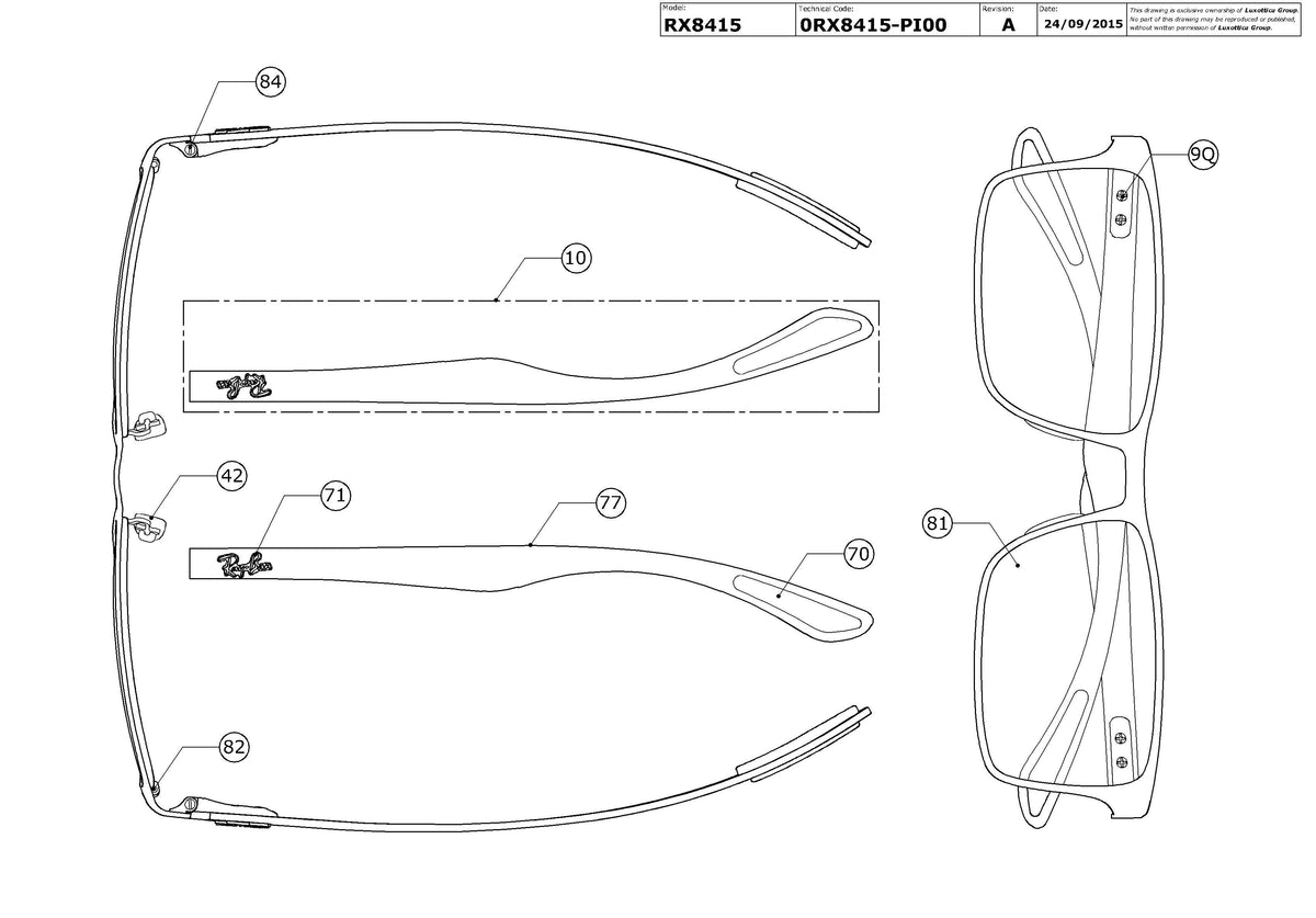 Exploded technical drawing of the Ray-Ban RX8415 Glasses Replacement Parts, with each replacement part numbered