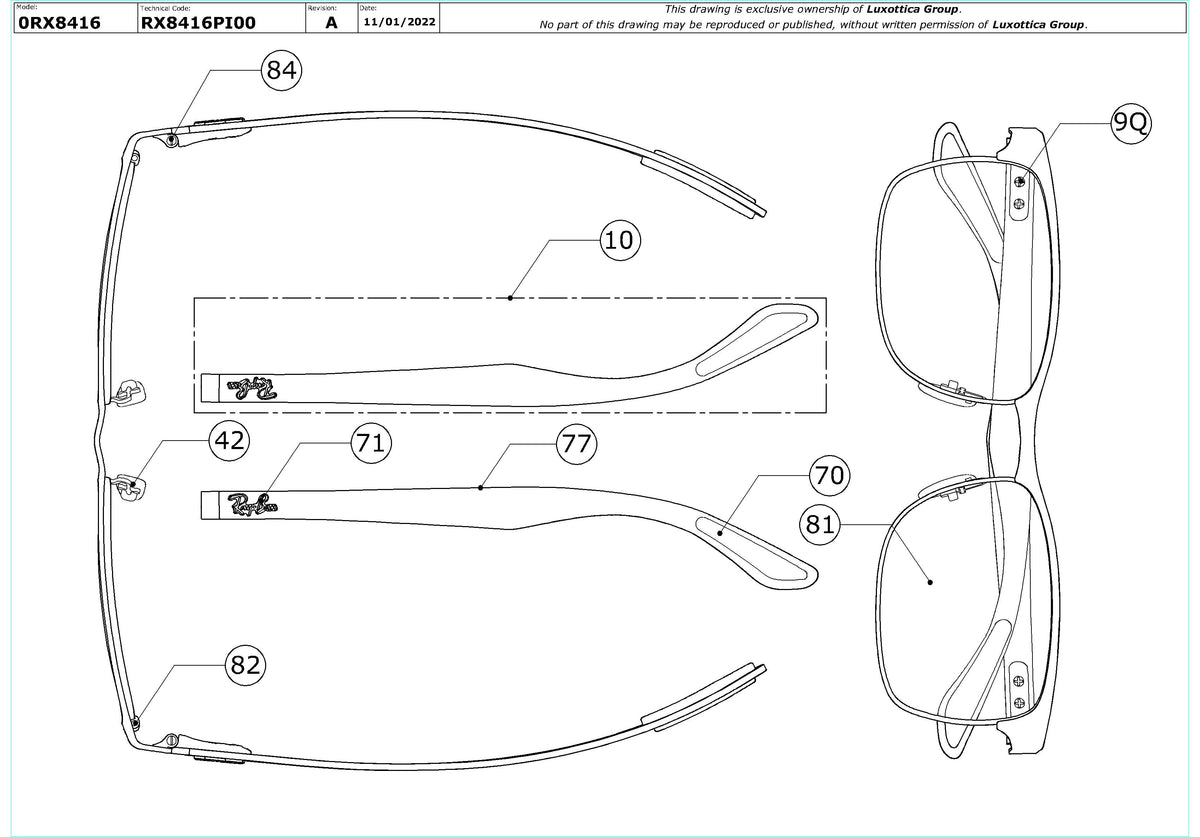 Enlarged technical drawing of the Ray-Ban RX8416 Glasses Replacement Parts