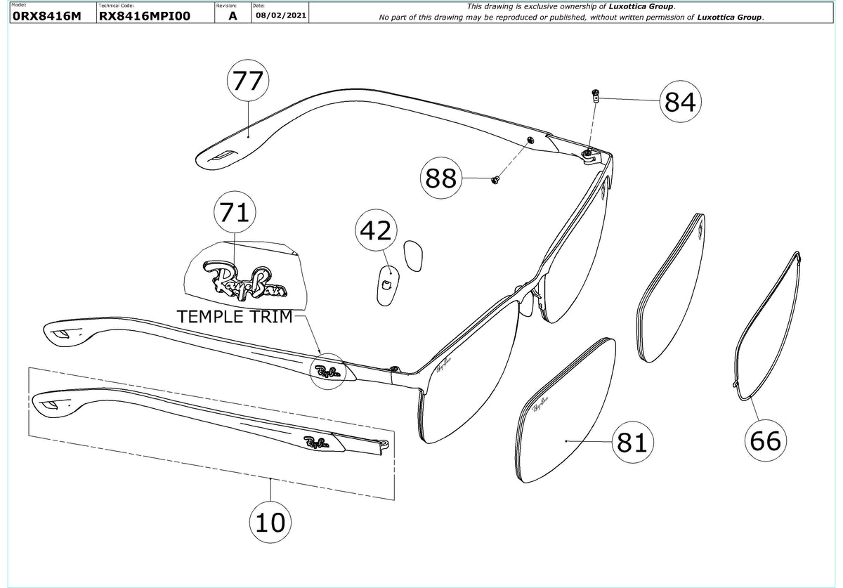 Exploded technical drawing of the Ray-Ban RX8416M Glasses Replacement Parts, with each replacement part numbered