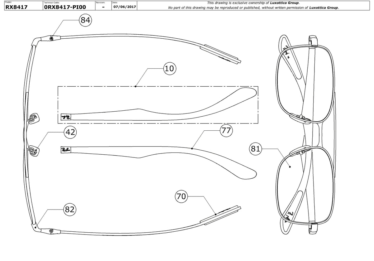 Exploded technical drawing of the Ray-Ban RX8417 Glasses Replacement Parts, with each replacement part numbered