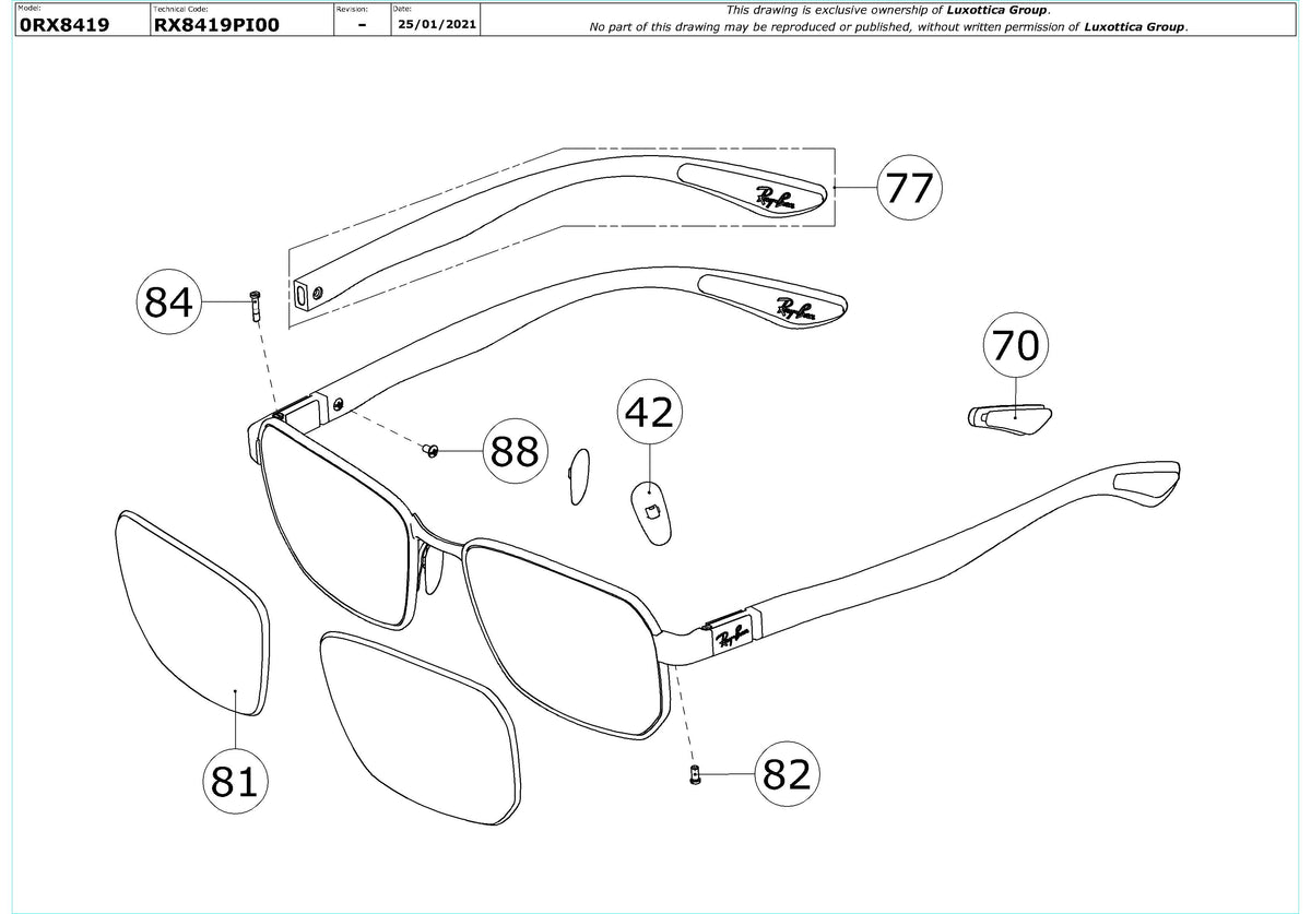 Exploded technical drawing of the Ray-Ban RX8419 Glasses Replacement Parts, with each replacement part numbered