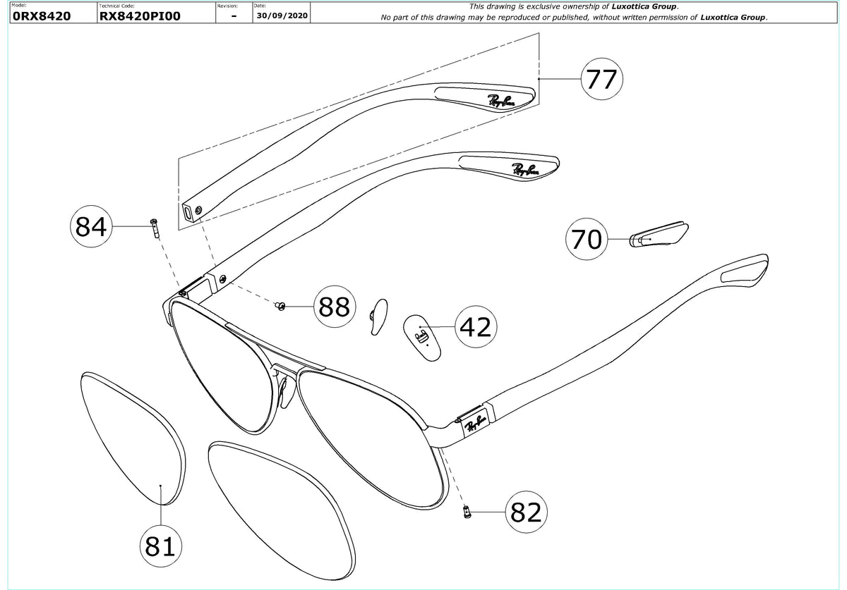 Exploded technical drawing of the Ray-Ban RX8420 Glasses Replacement Parts, with each replacement part numbered