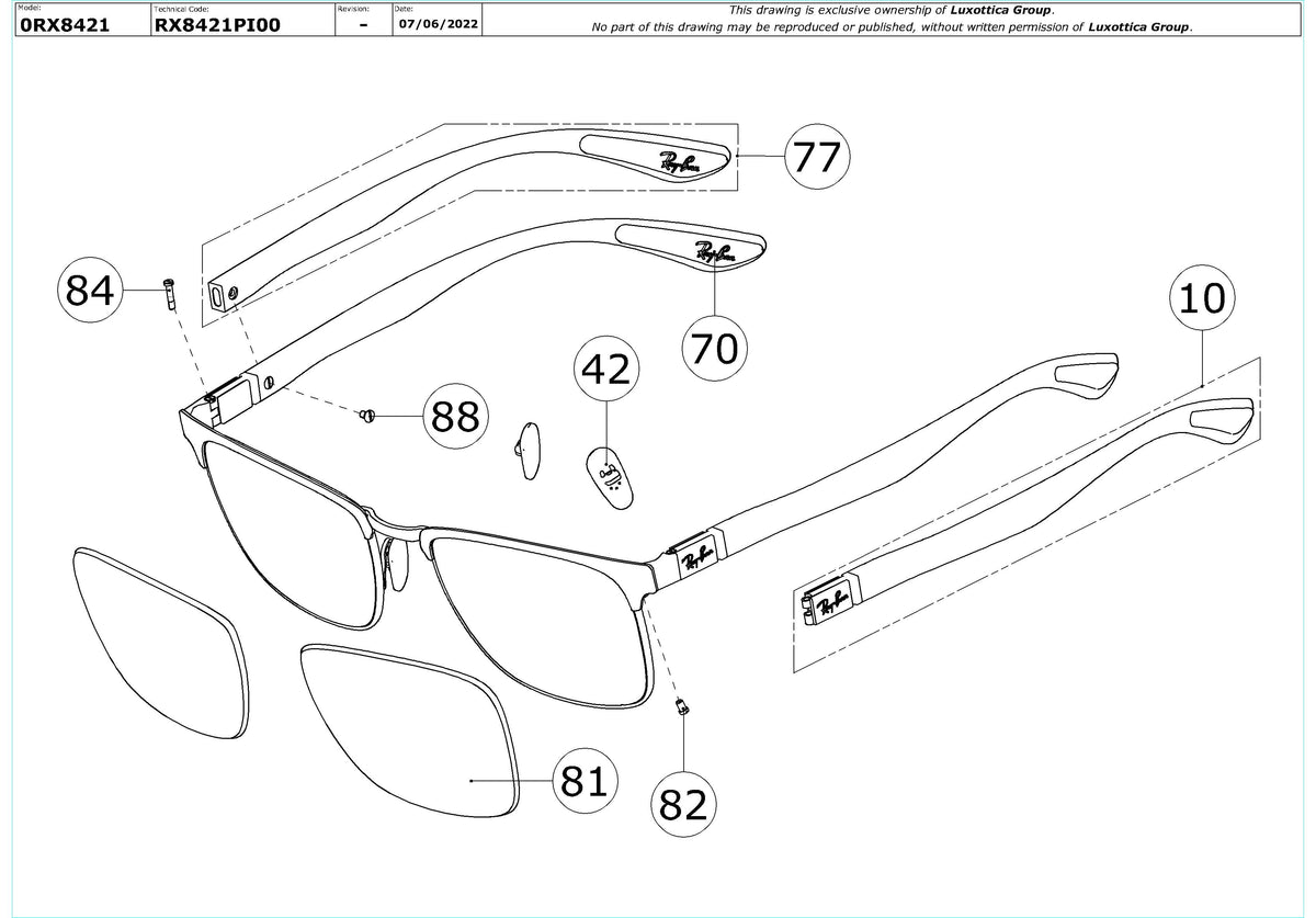 Enlarged technical drawing of the Ray-Ban RX8421 Glasses Replacement Parts
