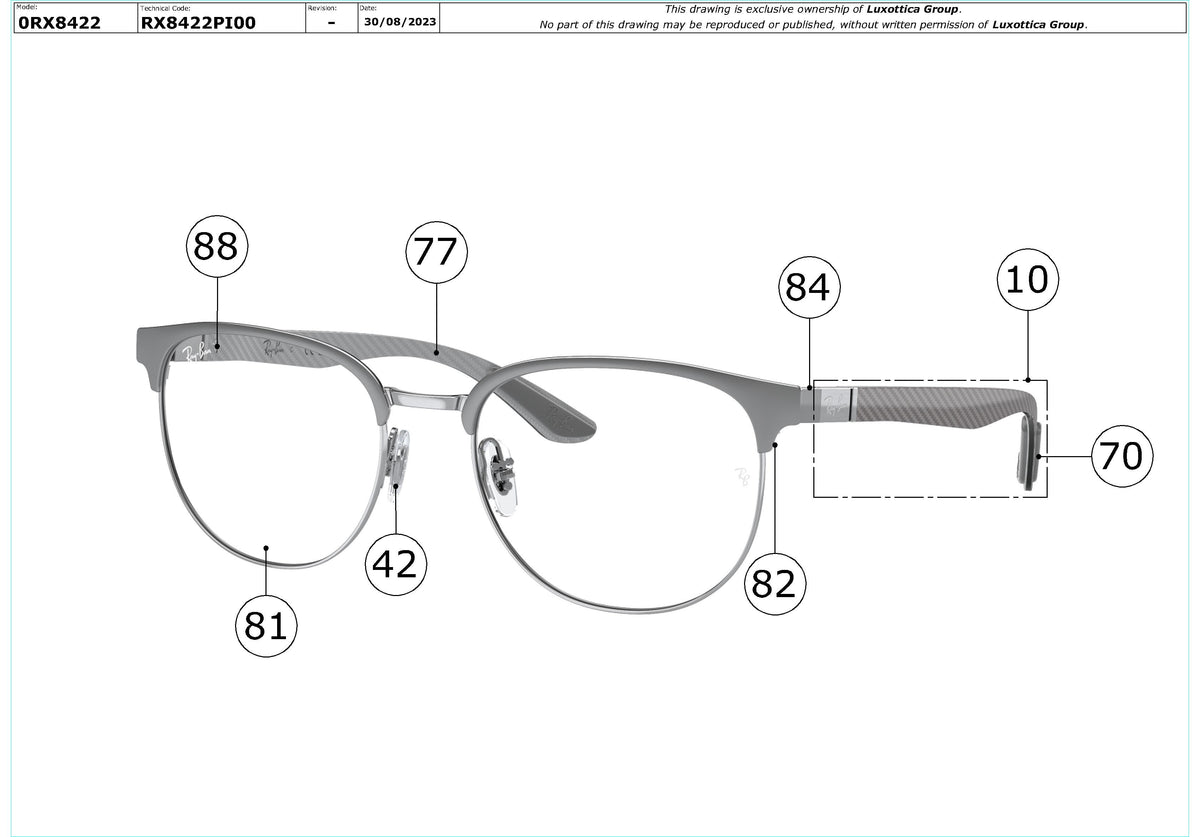 Enlarged technical drawing of the Ray-Ban RX8422 Glasses Replacement Parts