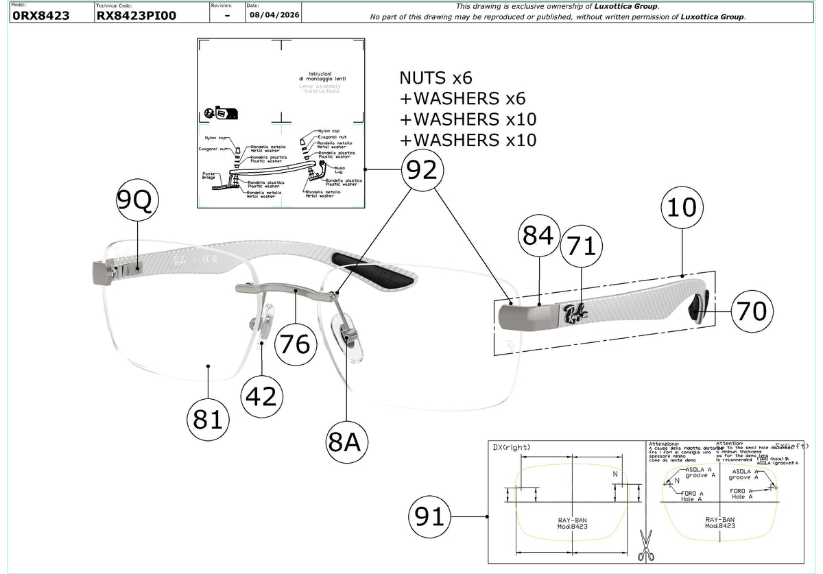 Enlarged technical drawing of the Ray-Ban RX8423 Glasses Replacement Parts