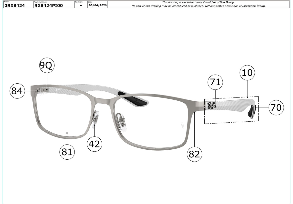 Enlarged technical drawing of the Ray-Ban RX8424 Glasses Replacement Parts