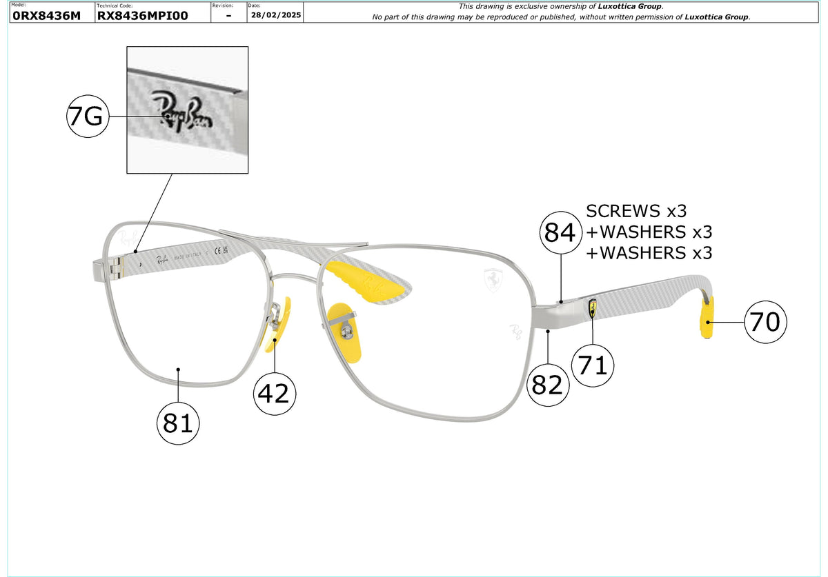 Enlarged technical drawing of the Ray-Ban RX8436M Glasses Replacement Parts