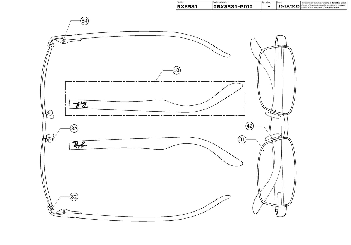 Exploded technical drawing of the Ray-Ban RX8581 Glasses Replacement Parts, with each replacement part numbered