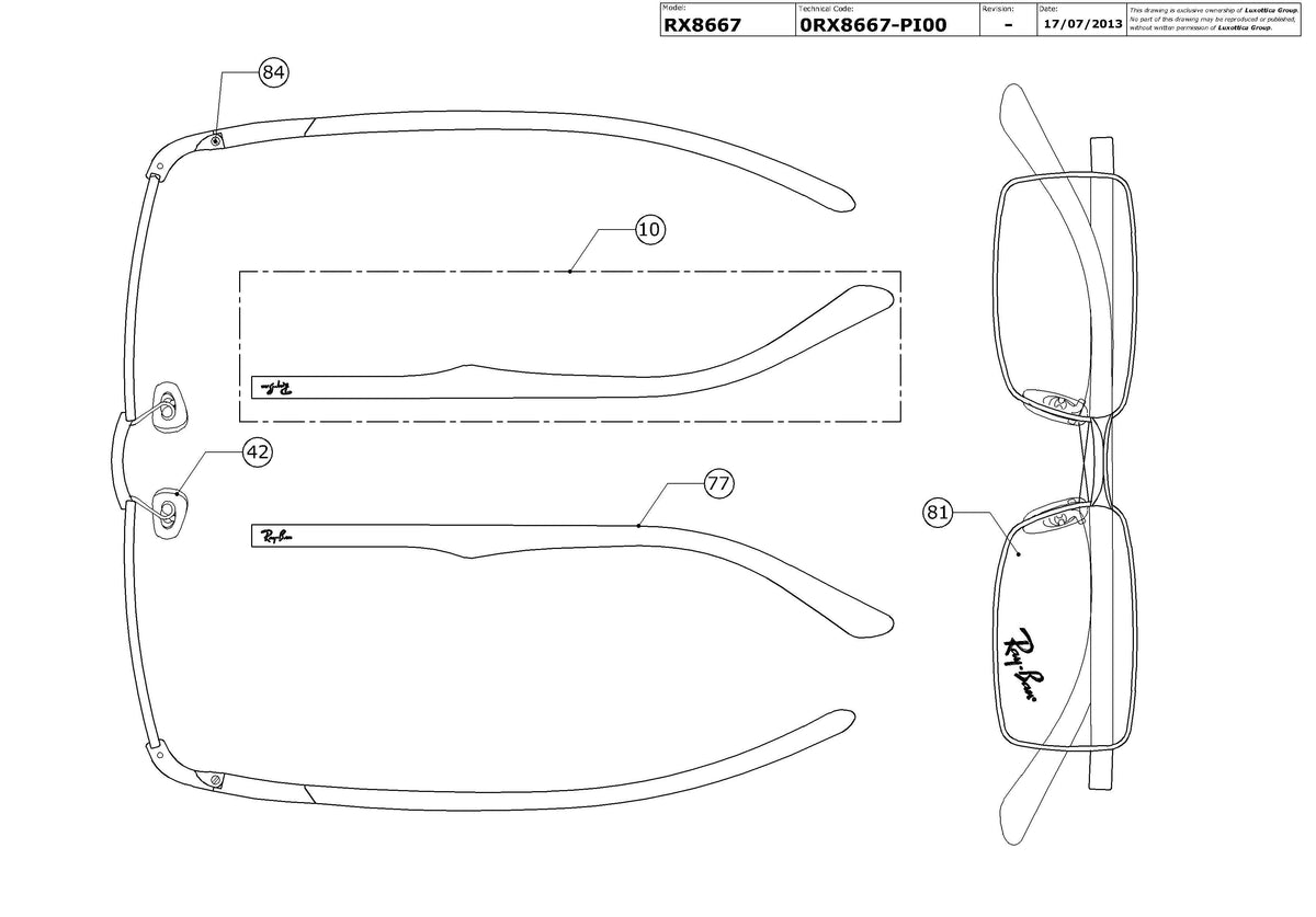 Exploded technical drawing of the Ray-Ban RX8667 Glasses Replacement Parts, with each replacement part numbered