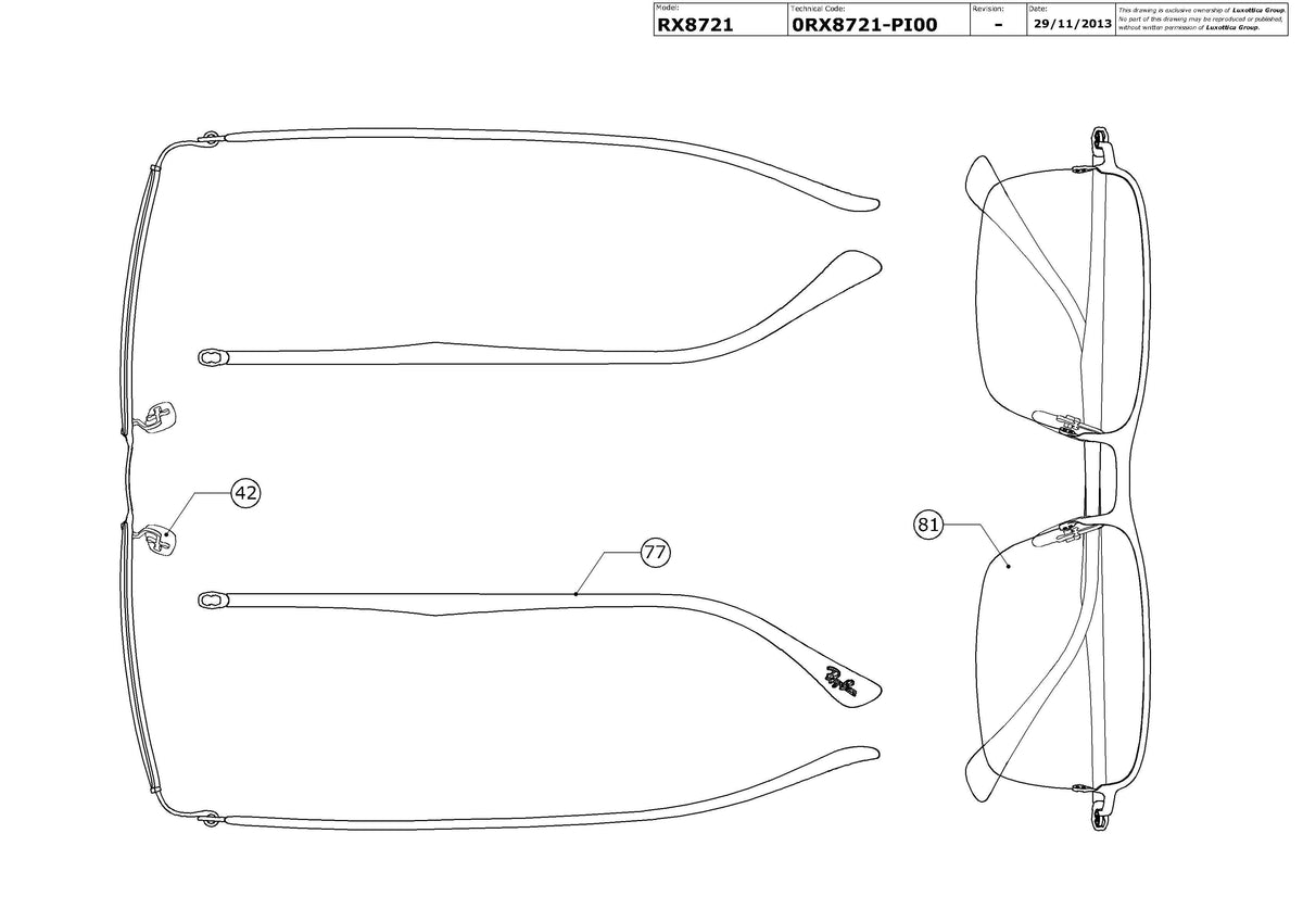 Enlarged technical drawing of the Ray-Ban RX8721 Glasses Replacement Parts