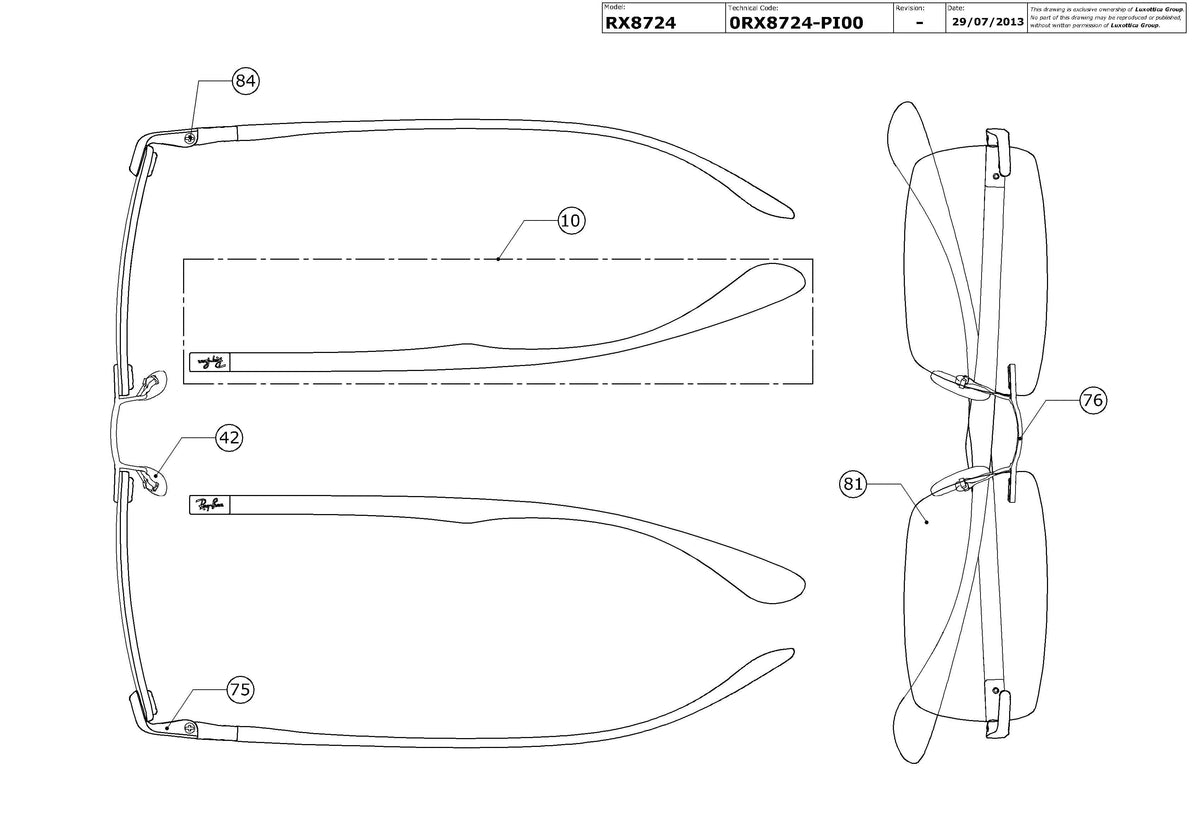 Enlarged technical drawing of the Ray-Ban RX8724 Glasses Replacement Parts