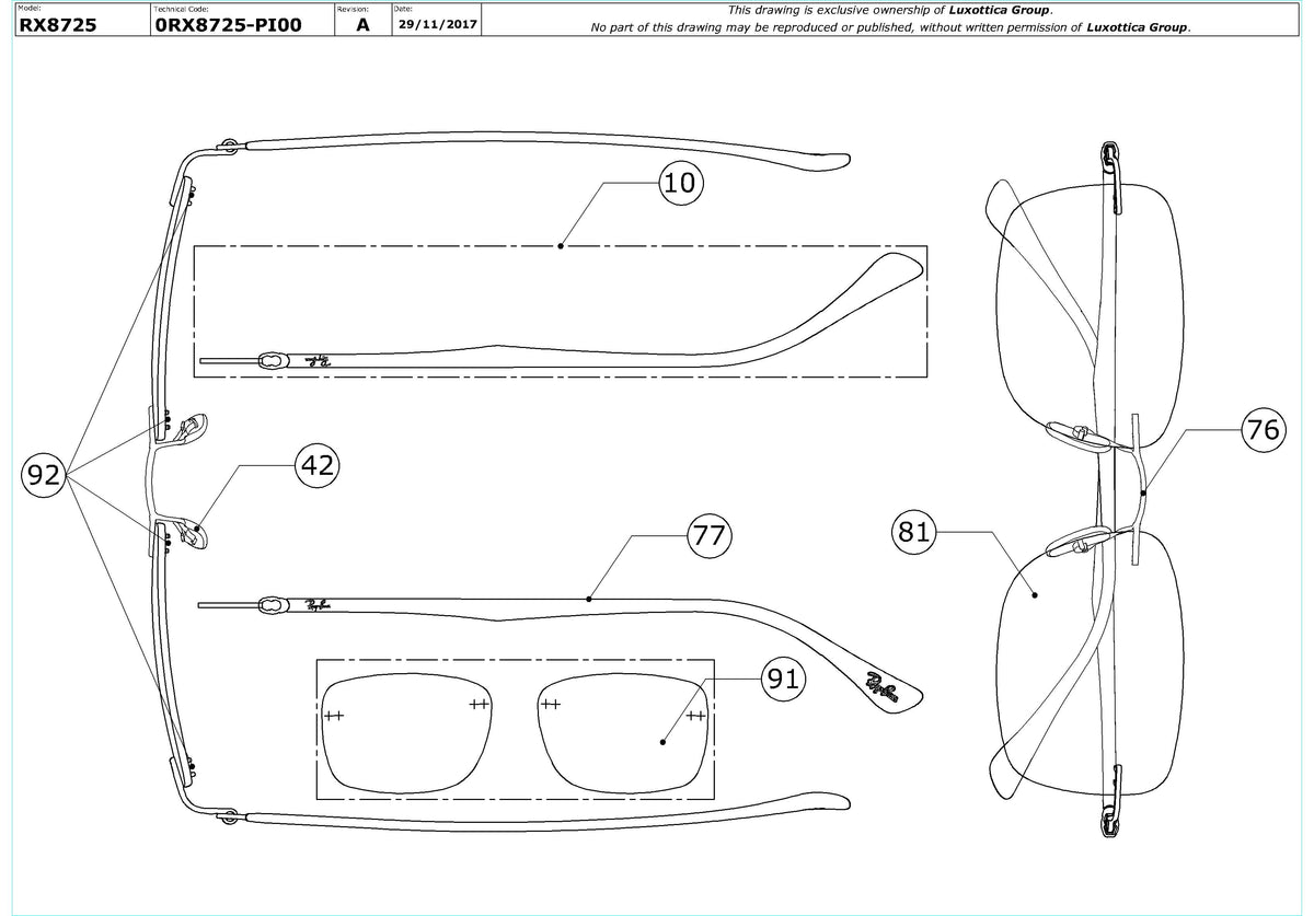 Exploded technical drawing of the Ray-Ban RX8725 Glasses Replacement Parts, with each replacement part numbered