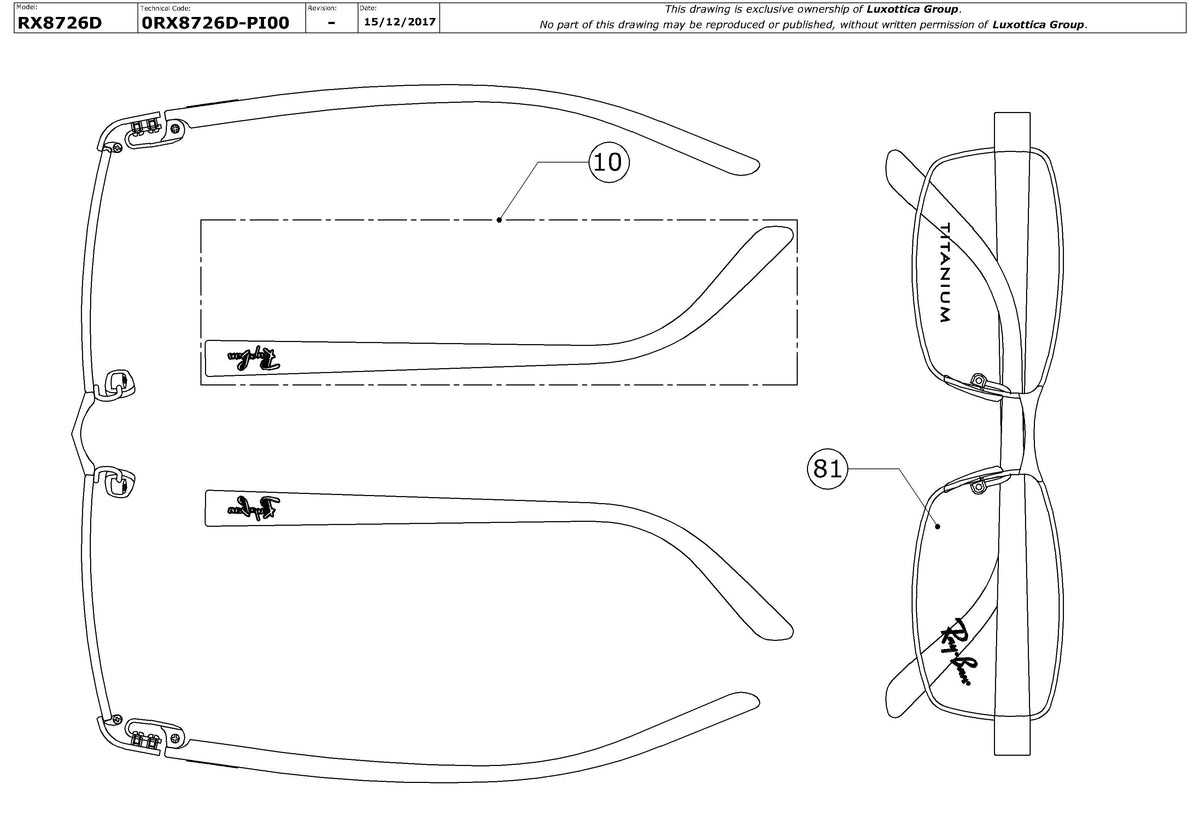 Enlarged technical drawing of the Ray-Ban RX8726D Glasses Replacement Parts
